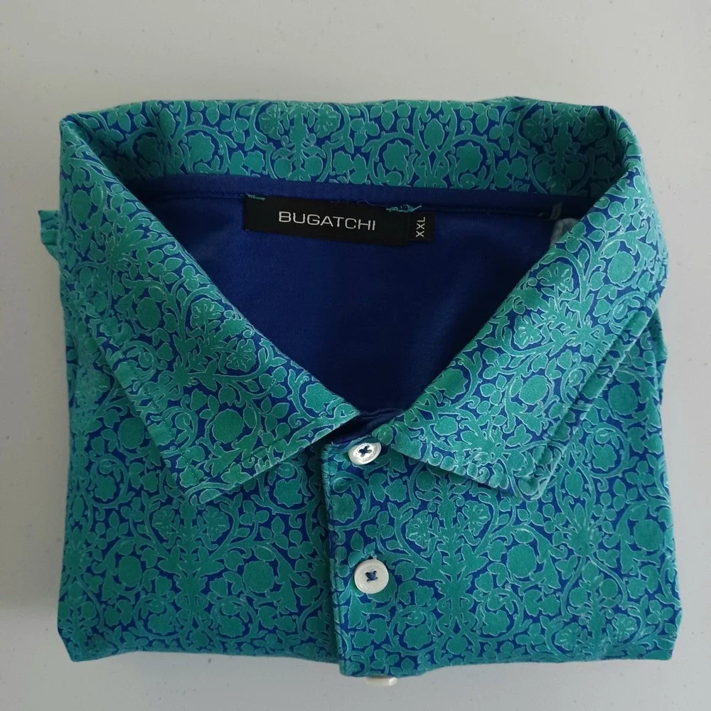 Bugatchi Performance Mens XXL Teal Blue Damask Floral Print Golf Polo Shirt‎